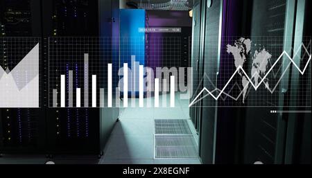 Image of multiple graphs, map and loading bars over server room in background Stock Photo