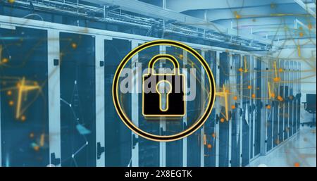 Image of padlock in circle with navigation pattern over connected dots on server racks Stock Photo