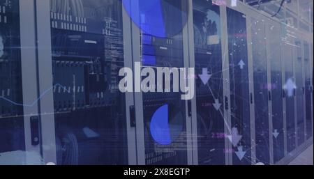 Image of graphs, globes, connected arrows and computer language over data server racks Stock Photo