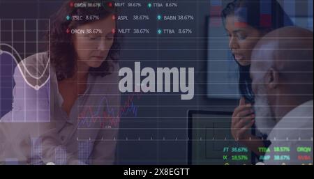 Image of graphs and trading board over diverse architects discussing blueprint in office Stock Photo