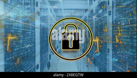 Image of padlock in circle and navigation pattern over binary codes on data server racks Stock Photo