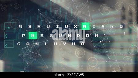 Image of moving pattern on keyboard, connected dots, graphs, trading board over building Stock Photo