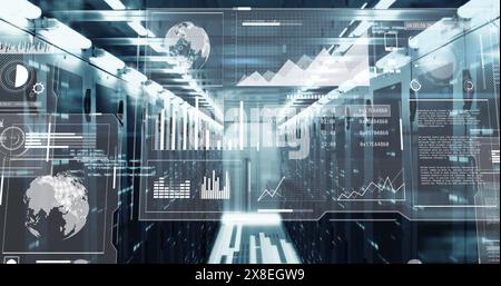 Image of multiple graphs, globes, loading bars and circles over data server room Stock Photo