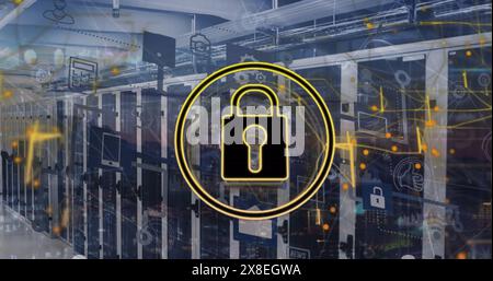 Image of padlock in circle with flowchart of icons and connected dots over server room Stock Photo
