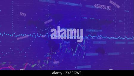 Image of changing numbers with multiple graphs and map over blue background Stock Photo