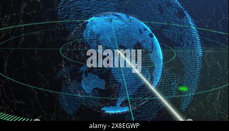 Image of moving line in circles over connected dots around globes against abstract background Stock Photo