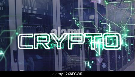 Image of crypto text with connected arrows and computer language over data server racks Stock Photo