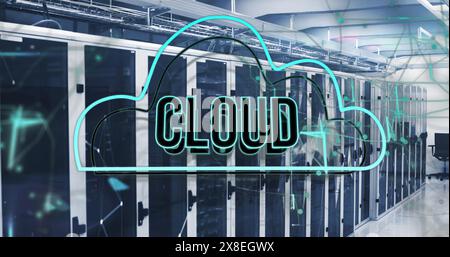 Image of cloud text in cloud over connected dots on data server racks in server room Stock Photo
