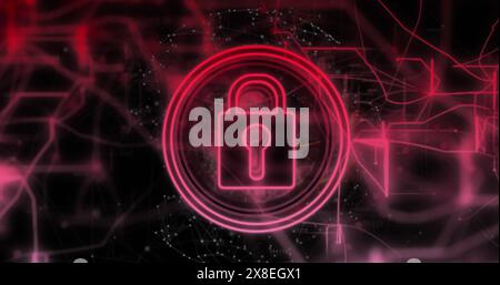 Image of padlock in circles and navigation pattern with dots forming globe over black background Stock Photo