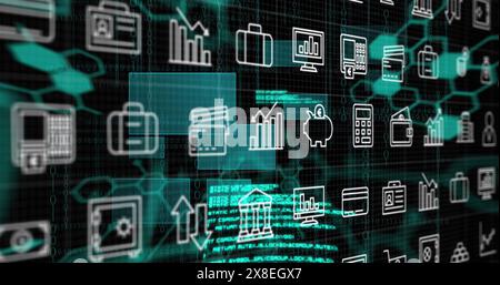 Image of multiple icons, hexagons, computer language and rectangles over black background Stock Photo