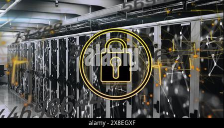 Image of padlock in circle and changing numbers over connected dots on data server racks Stock Photo