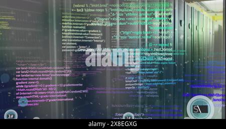 Image of 6g text in circles, computer language over data server room Stock Photo
