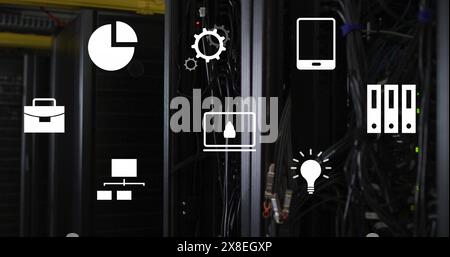 Image of multiple digital icons floating against close up of a computer server Stock Photo