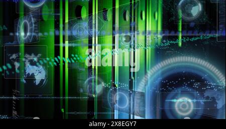 Image of graph, maps, globes, radar and computer language over data server racks Stock Photo
