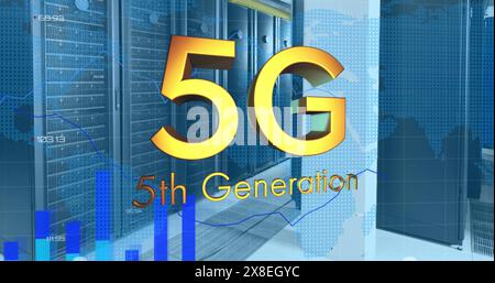 Image of 5g, 5th generation text with graphs, changing numbers, map over data server room Stock Photo