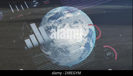 Image of multicolored infographic interface over rotating globe against space Stock Photo