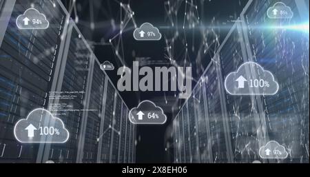 Image of arrow, numbers in cloud, connected dots and computer language over data server racks Stock Photo