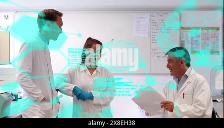 Image of medical data processing over team of diverse scientists discussing at laboratory Stock Photo