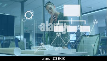 Image of statistical data processing over thoughtful caucasian woman working on a plan at office Stock Photo