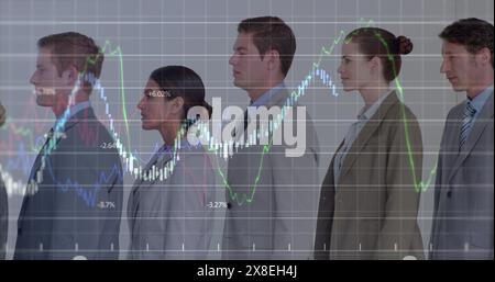 Image of financial data processing against diverse businesspeople standing in a queue Stock Photo