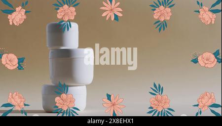 Image of frame of flowers with stack of white tubs and copy space over brown background Stock Photo