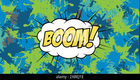 Image of boom text on white explosion cloud over green and blue paint splashes Stock Photo