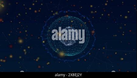 Image of yellow spots of light over network of connections with globe Stock Photo