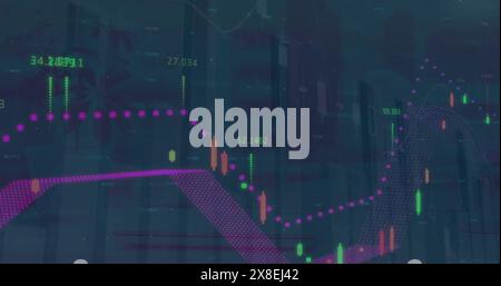 Image of statistics and financial data processing over cityscape Stock Photo