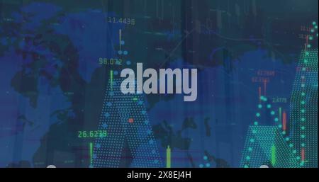 Image of statistics and financial data processing over cityscape Stock Photo