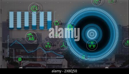Image of eco icons, data processing and scope scanning over cityscape Stock Photo