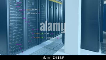 Image of computer language over data server racks Stock Photo