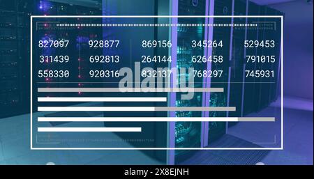 Image of numbers on screen over data server racks Stock Photo