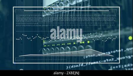 Image of computer language and graph over data server systems Stock Photo