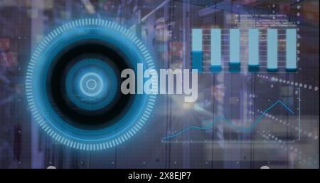 Image of loading circles, graphs and computer language over server room Stock Photo