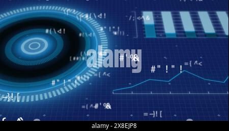 Image of circles, symbols and graphs over grid pattern against abstract ...