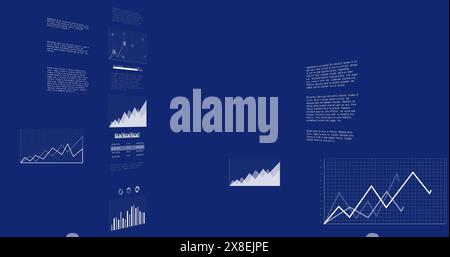Image of computer language and multiple graphs and data over blue background Stock Photo
