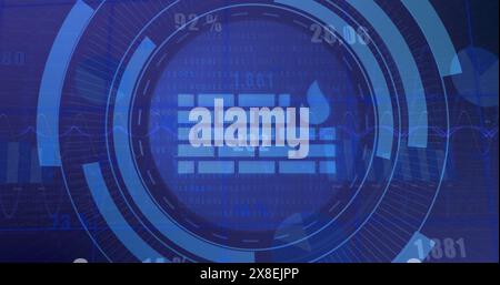 Image of firewall icon in loading circles, graphs, numbers, binary codes over blue background Stock Photo