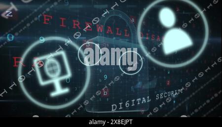 Image of multiple icon in circles, binary codes, padlock, texts, letters, numbers and symbols Stock Photo