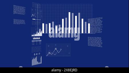Image of computer language and multiple graphs and data over blue background Stock Photo