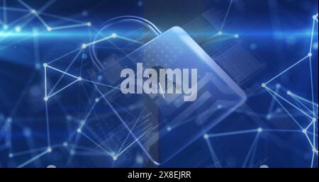 Image of connected dots, padlock and computer language over abstract background Stock Photo