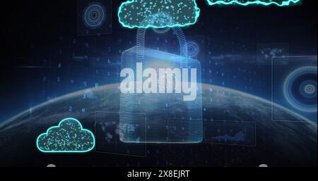 Image of clouds, padlock, letters, symbols, text and numbers over globe against space Stock Photo