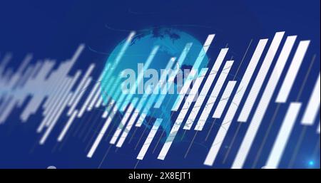 Image of statistical data processing over spinning globe against blue background Stock Photo