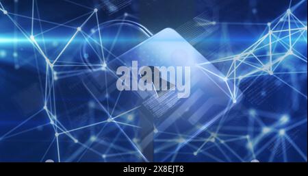 Image of connected dots, padlock and computer language over abstract background Stock Photo