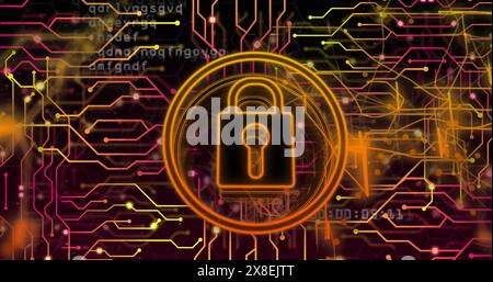 Image of padlock in circles and circuit board pattern over black background Stock Photo
