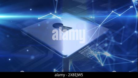 Image of connected dots, padlock and computer language over abstract background Stock Photo