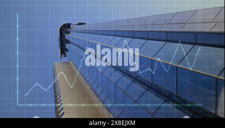 Image of illuminated graphs with grid pattern over low angle view of building against sky Stock Photo