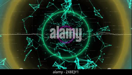 Image of circular neon shapes in seamless pattern against network of connections Stock Photo