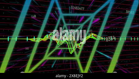 Image of neon tunnel in seamless pattern against changing numbers and data processing Stock Photo