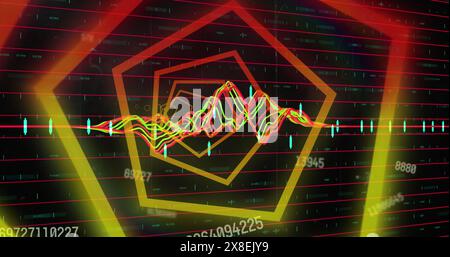 Image of hexagonal neon tunnel in seamless pattern against changing numbers and data processing Stock Photo