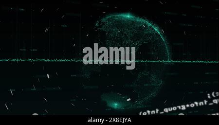 Image of spinning light trails and data processing over globe against black background Stock Photo